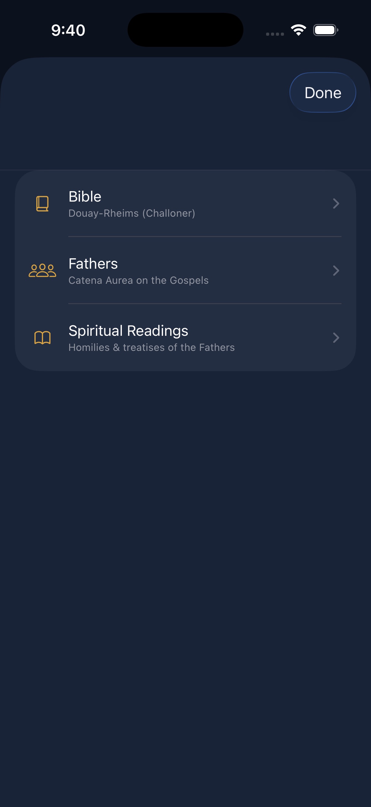 The Library: the Douay-Rheims Bible, the Church Fathers, and spiritual readings