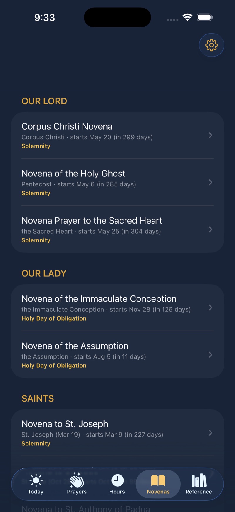 The Novenas tab: the calendar-aware novena tracker