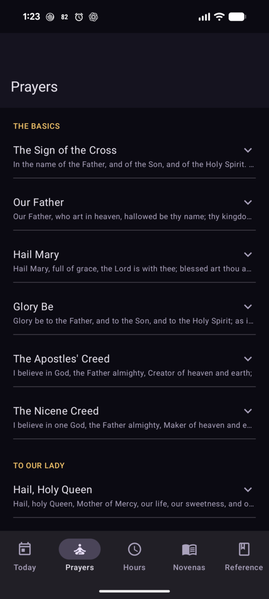 The Prayers tab: the common prayers of the Church