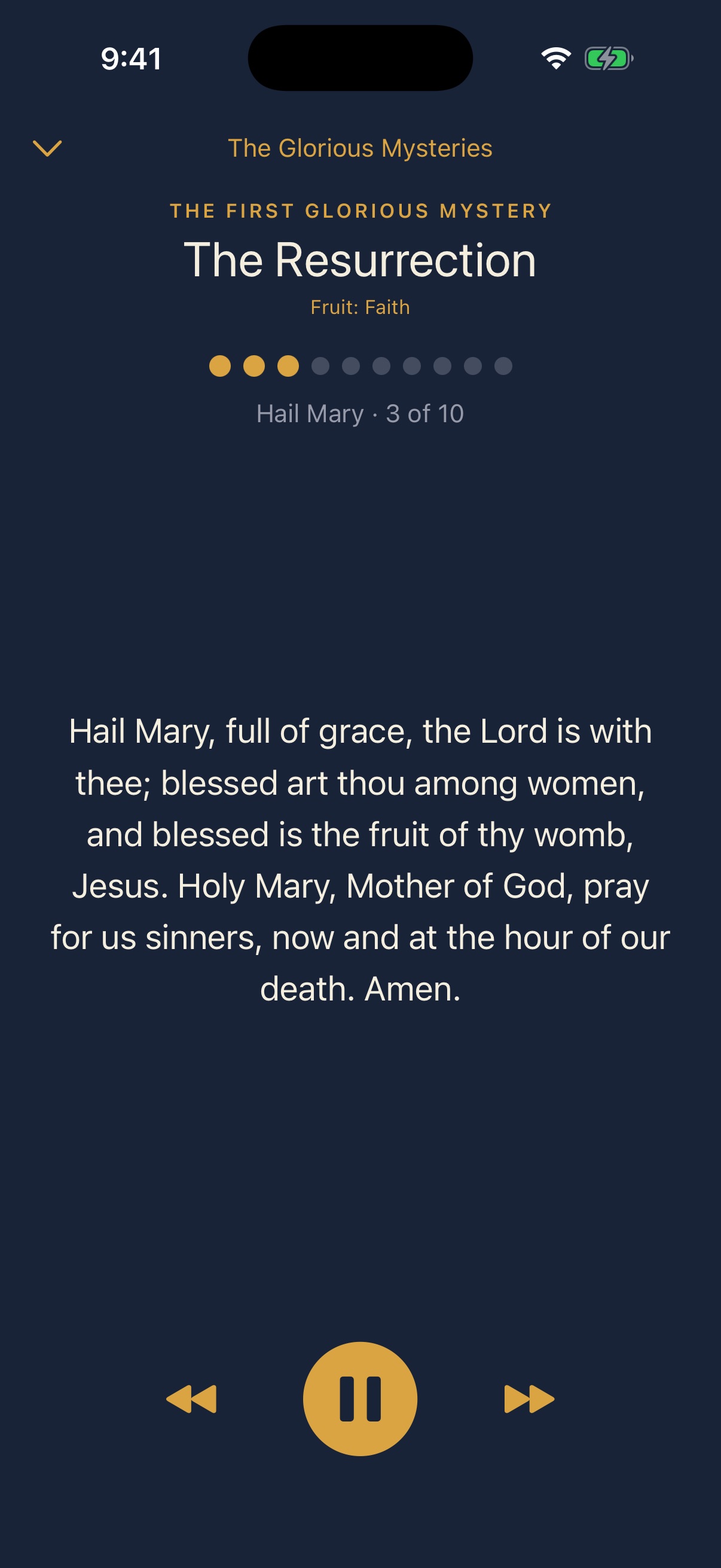 Praying the Rosary along with the audio: the mystery, the bead count, and the prayer on screen